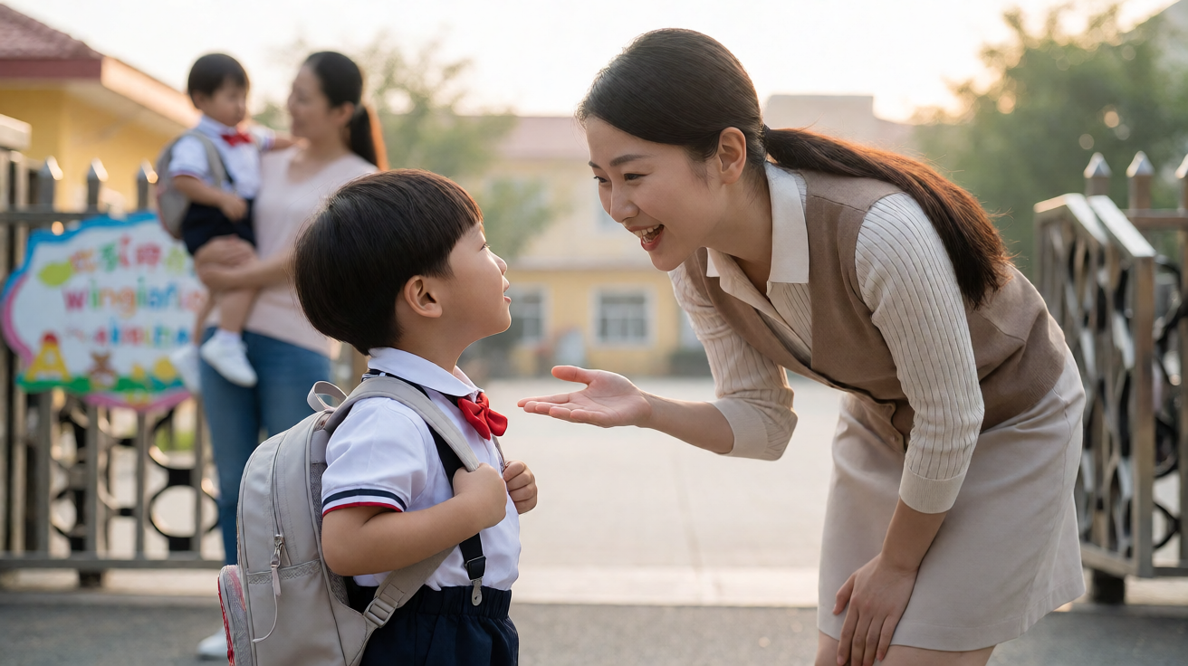 幼儿园老师在校门口用英文跟小朋友打招呼
