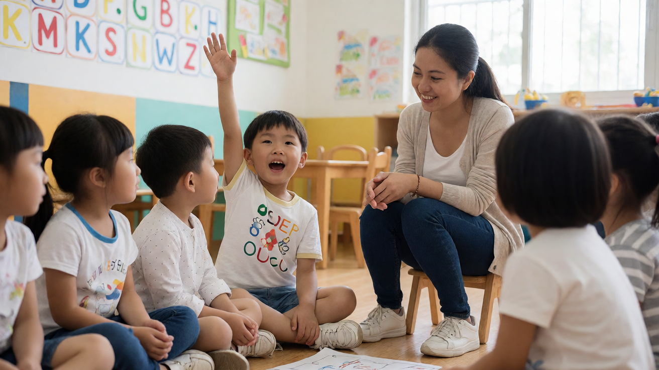 幼儿园小朋友在教室与菲律宾外教互动，孩子举手回答