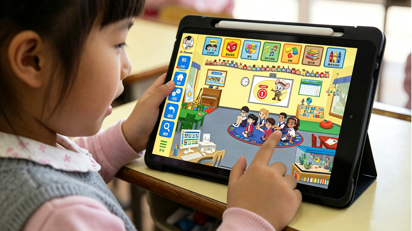 中国孩子用平板线上学英语，屏幕显示 ABCmouse APP