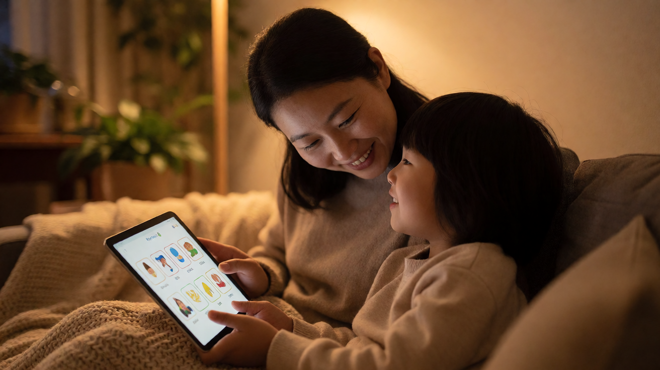 中国家长在家陪孩子用平板学英语，亲子口语对话